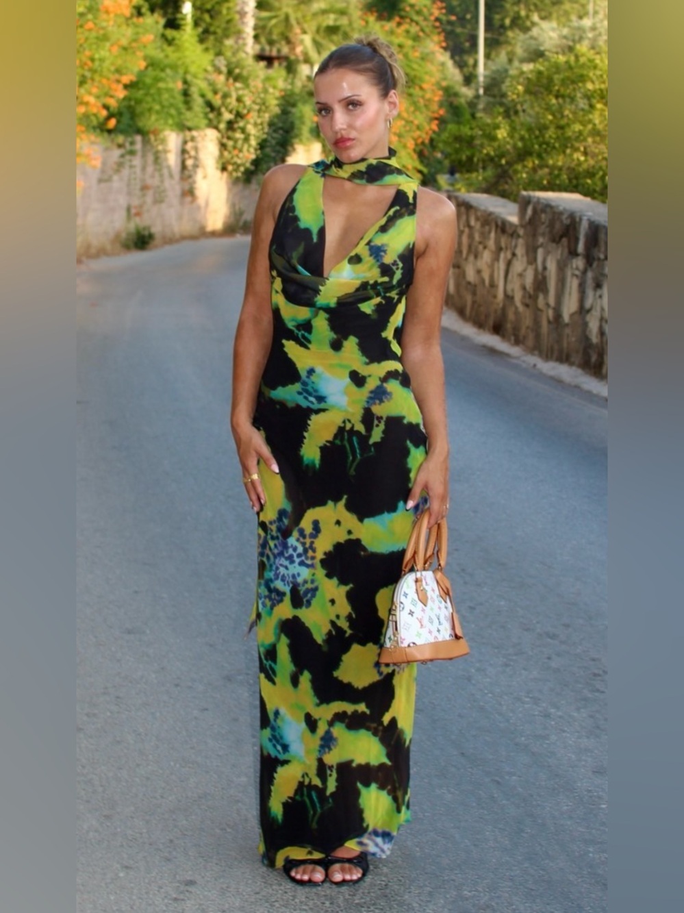 ZARA Foulard Print Long Maxi Dress XS Green Black Scarf Draped NWT